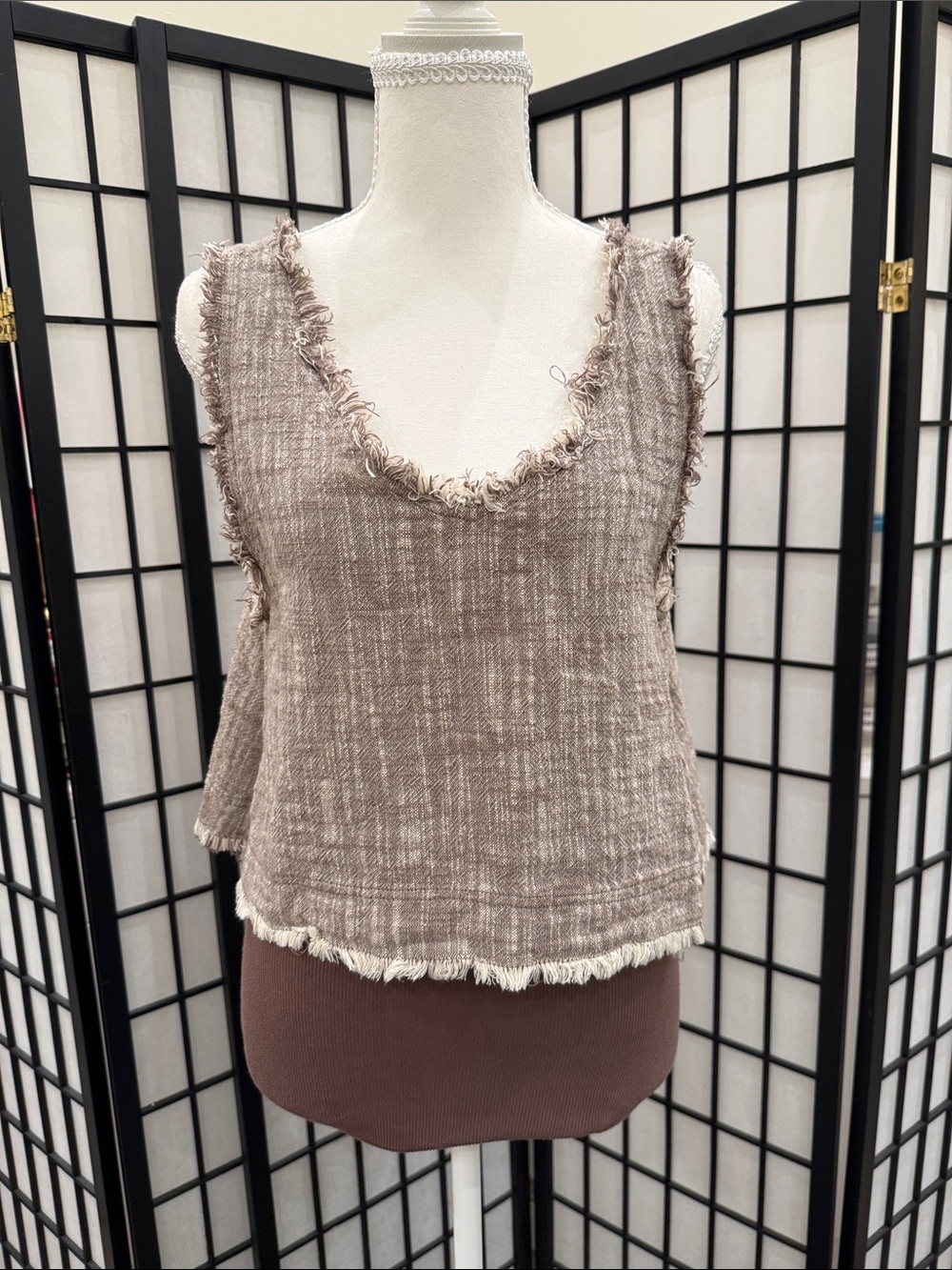 Urban Outfitters Taupe Textured Frayed-Trim Tank